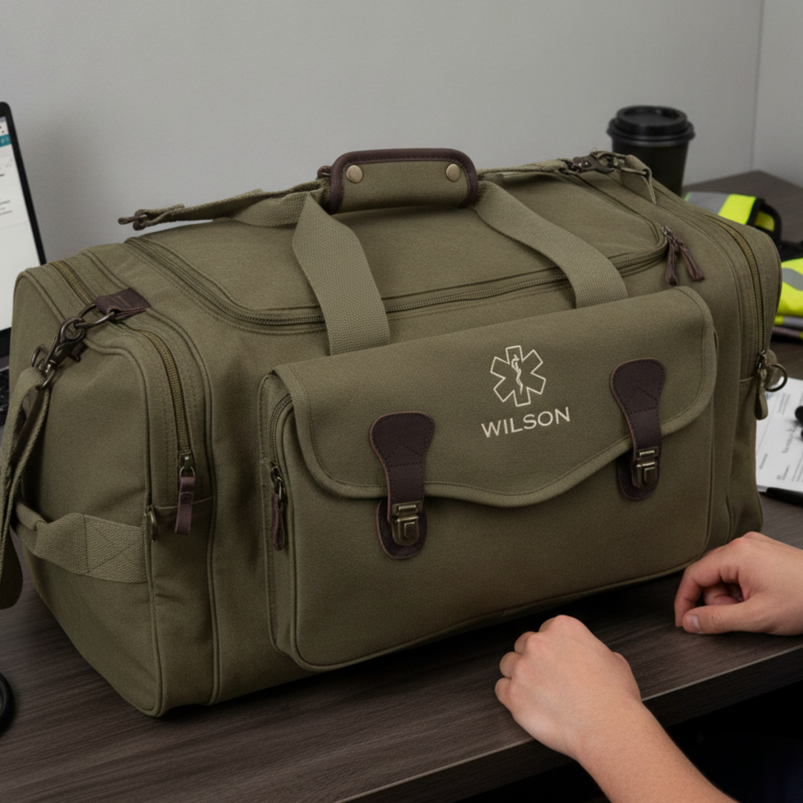 Olive green paramedic duffle bag embroidered WILSON with a Star of Life emblem, brown leather accents and heavy brass hardware.
