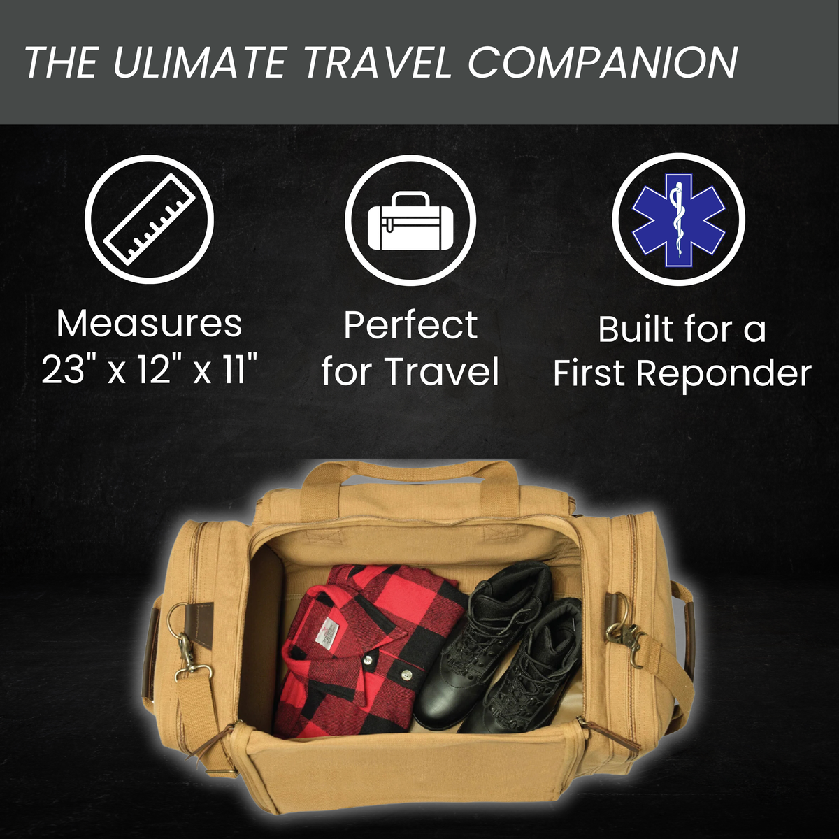Tan EMS duffle bag open to show a packed interior with a red plaid blanket and station boots, above specification icons and 50L capacity.