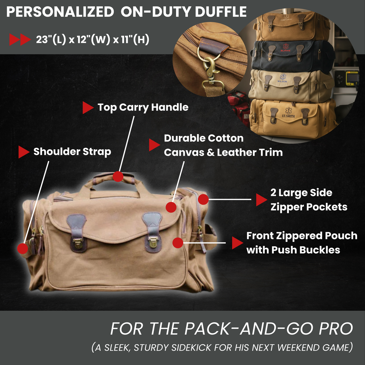 Tan canvas EMT duffle bag with shoulder strap, top carry handle, front zippered pouch and side pockets, shown with feature callouts and color options.