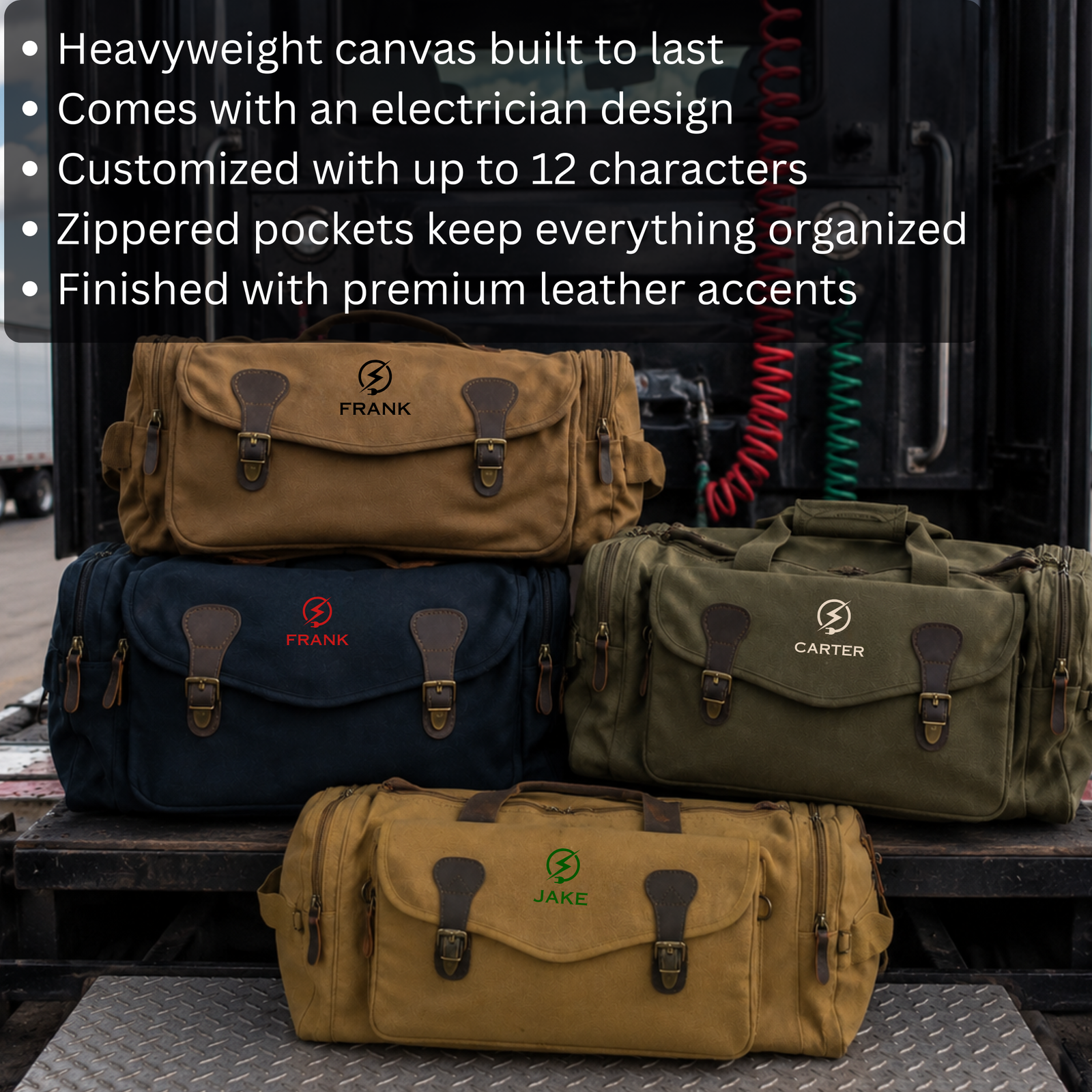 Four personalized electrician duffle bags in tan, navy, olive and khaki, each embroidered with a name and a lightning bolt electrician design.