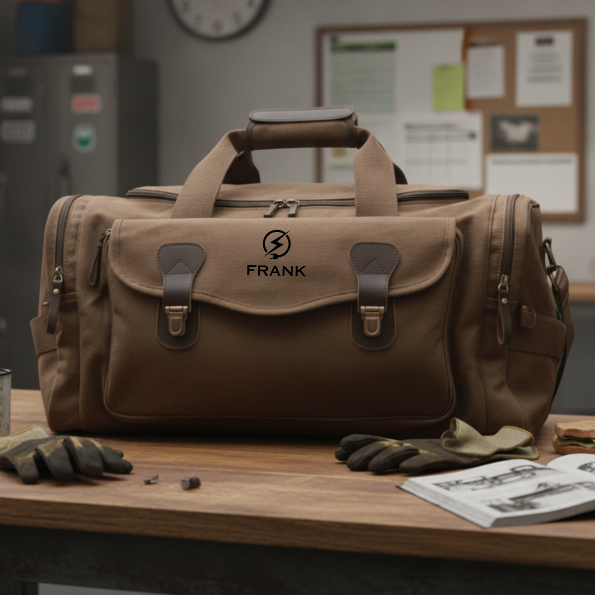 Brown canvas personalized electrician duffle bag embroidered FRANK with a lightning bolt emblem, on a workshop desk beside work gloves.