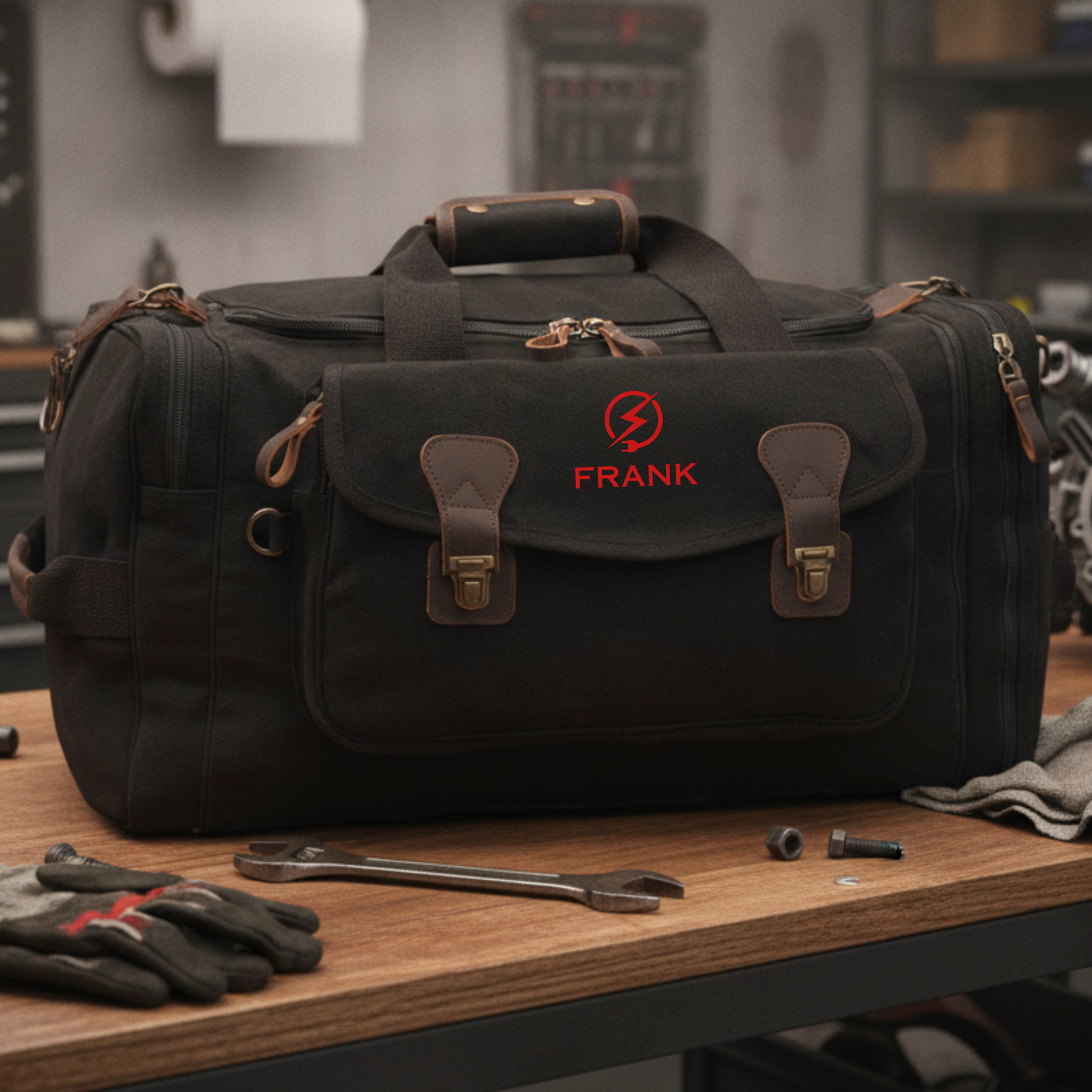 Black canvas electrician duffle bag embroidered FRANK in red with a lightning bolt emblem, on a workshop bench beside a wrench and sockets.
