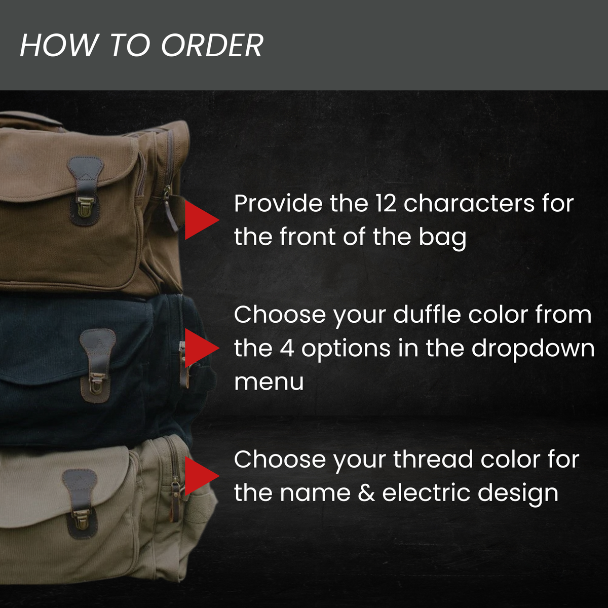 How to order the personalized electrician duffle bag: enter 12 characters, choose from four bag colors, then pick a thread color for the name and electric design.