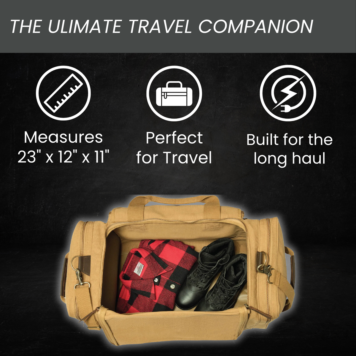 Khaki electrician duffle bag open to show a packed flannel shirt and work boots, with 23 by 12 by 11 inch measurements and travel icons.