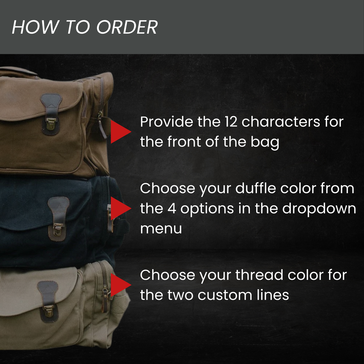 How to order the personalized lineman duffle bag: provide two custom lines, choose from four bag colors, then pick a thread color.