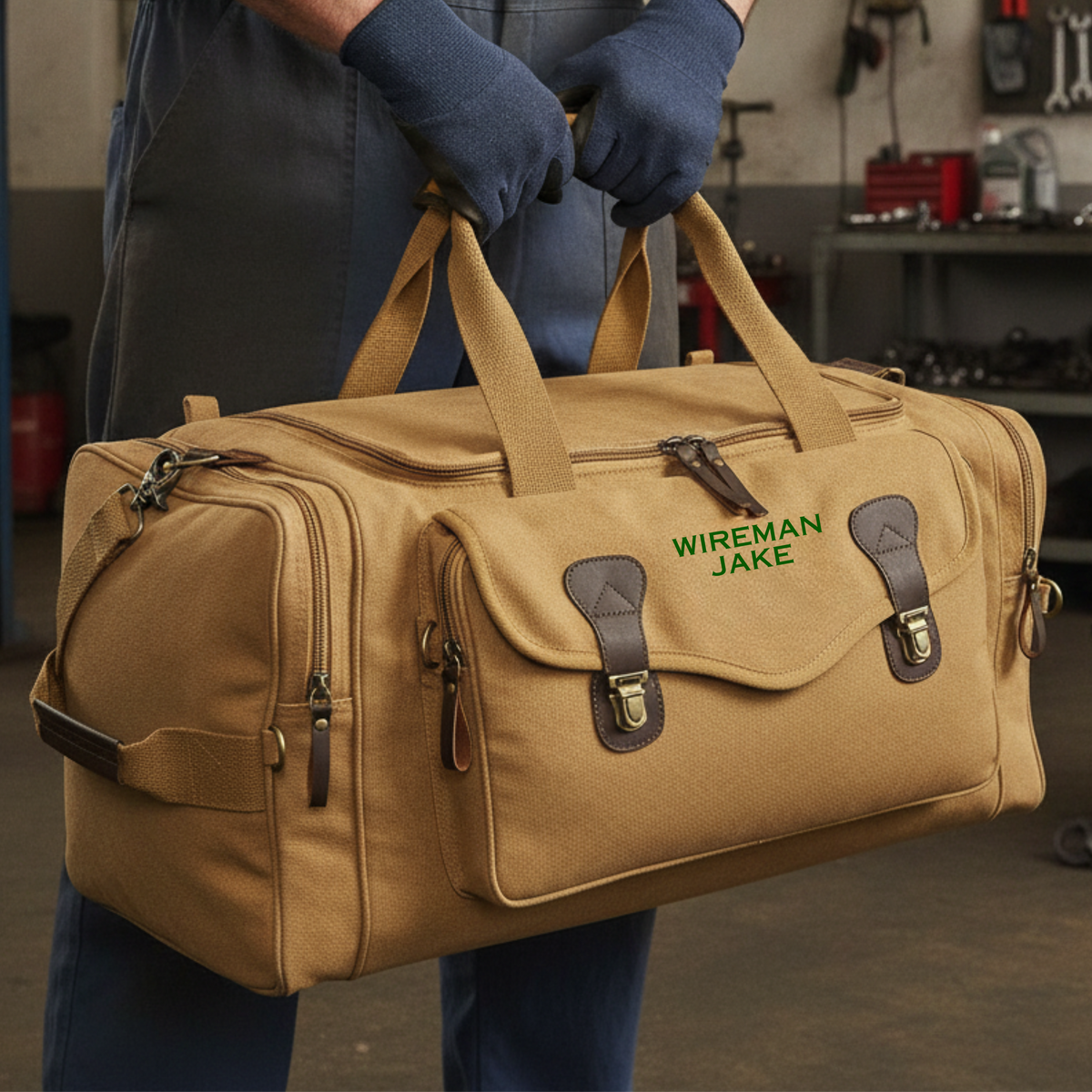 Khaki personalized lineman duffle bag embroidered WIREMAN JAKE in green, carried by a power lineman in a garage workshop.