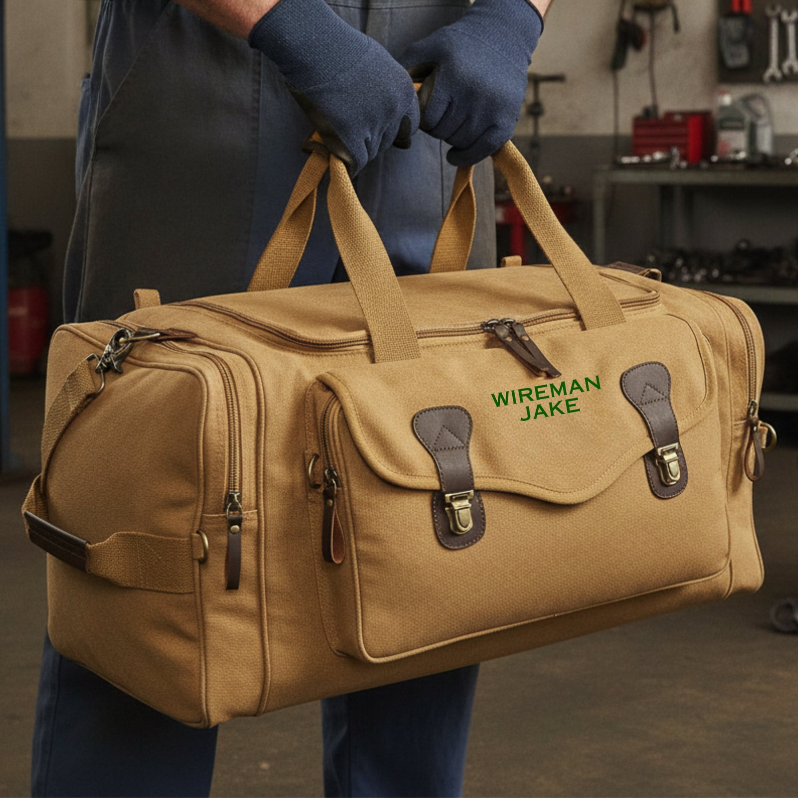 Khaki personalized lineman duffle bag embroidered WIREMAN JAKE in green, carried by a power lineman in a garage workshop.