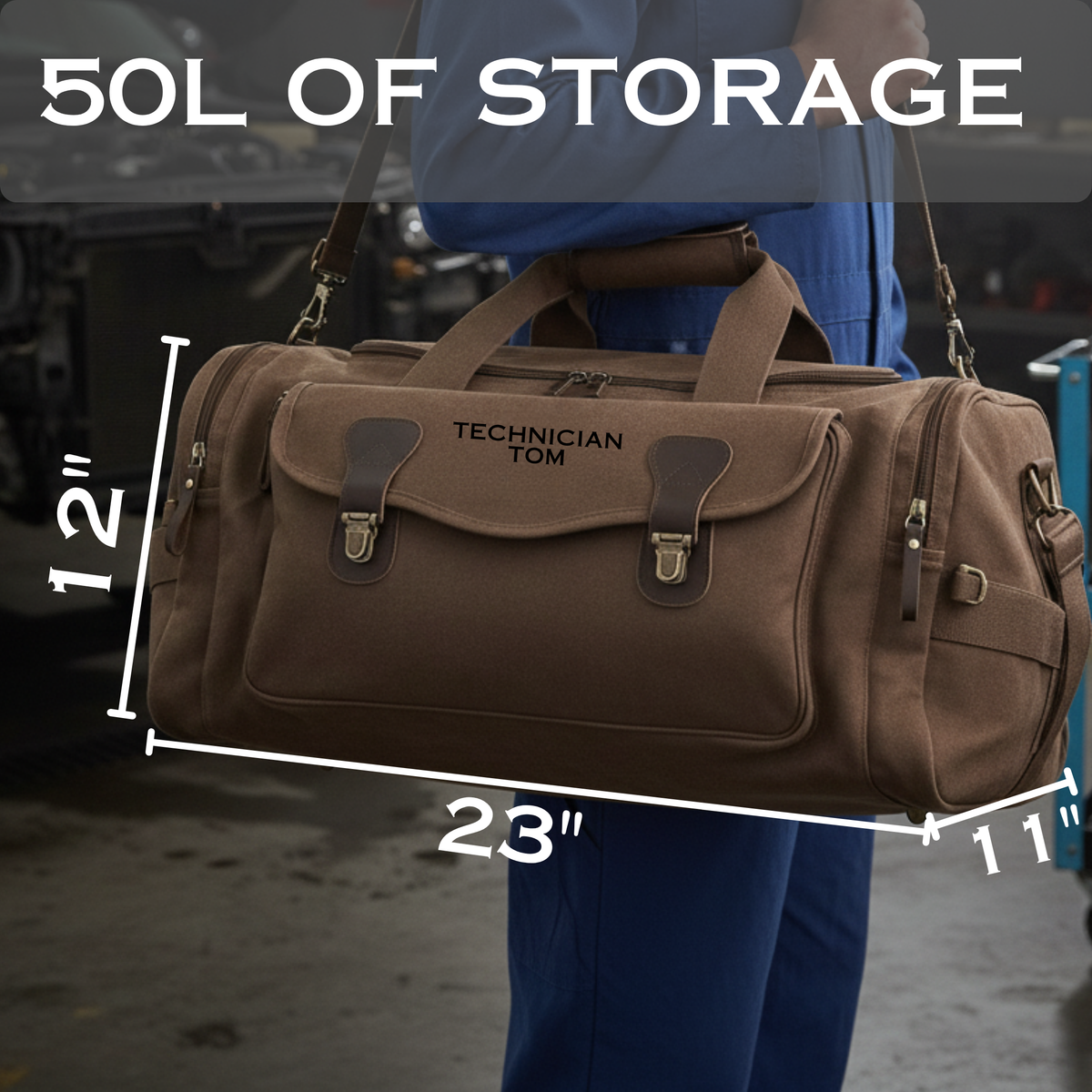 Brown personalized lineman duffle bag embroidered TECHNICIAN TOM, shown with 23 by 12 by 11 inch dimensions and 50L of storage.