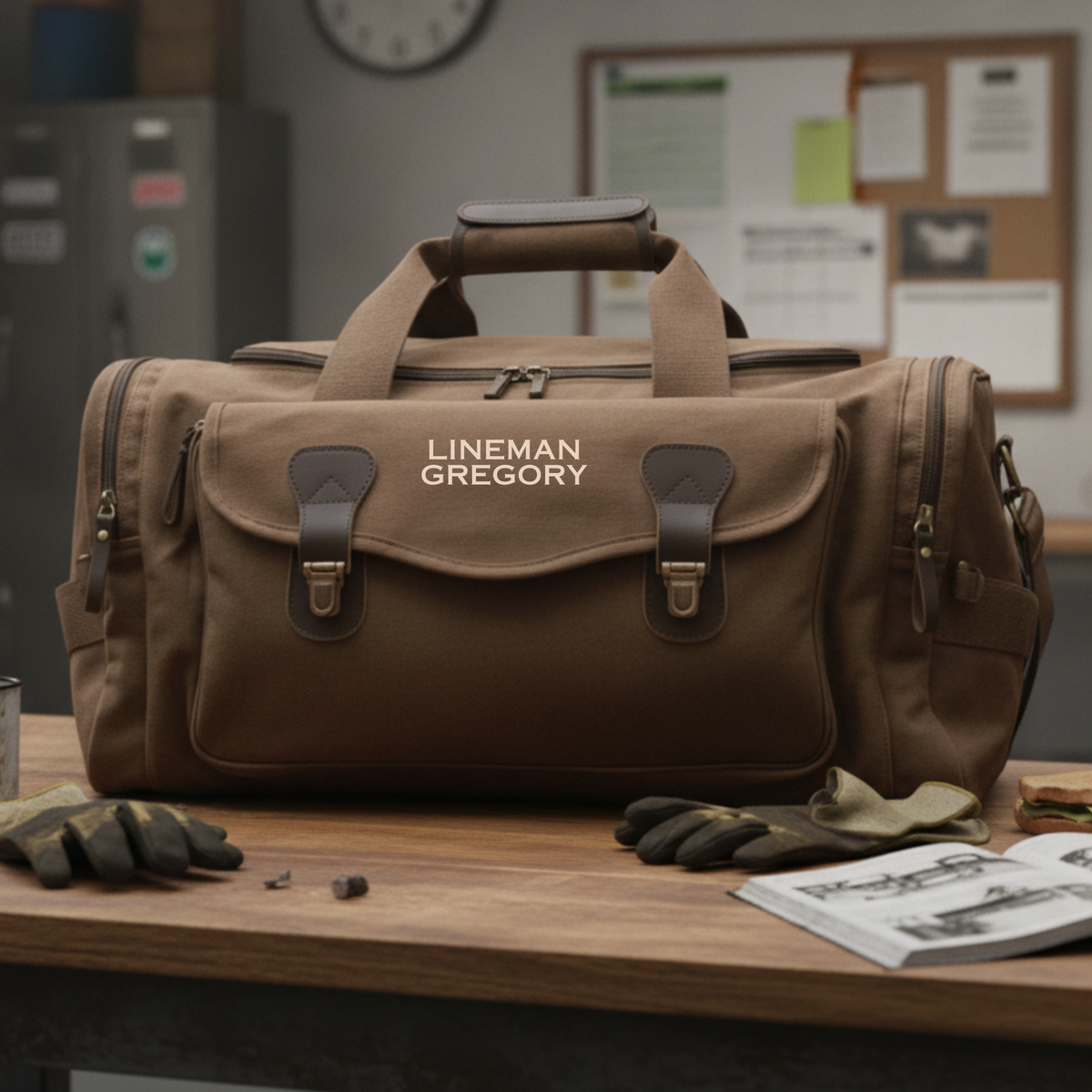 Brown canvas lineman duffle bag embroidered LINEMAN GREGORY, on a desk beside work gloves and a wiring diagram.