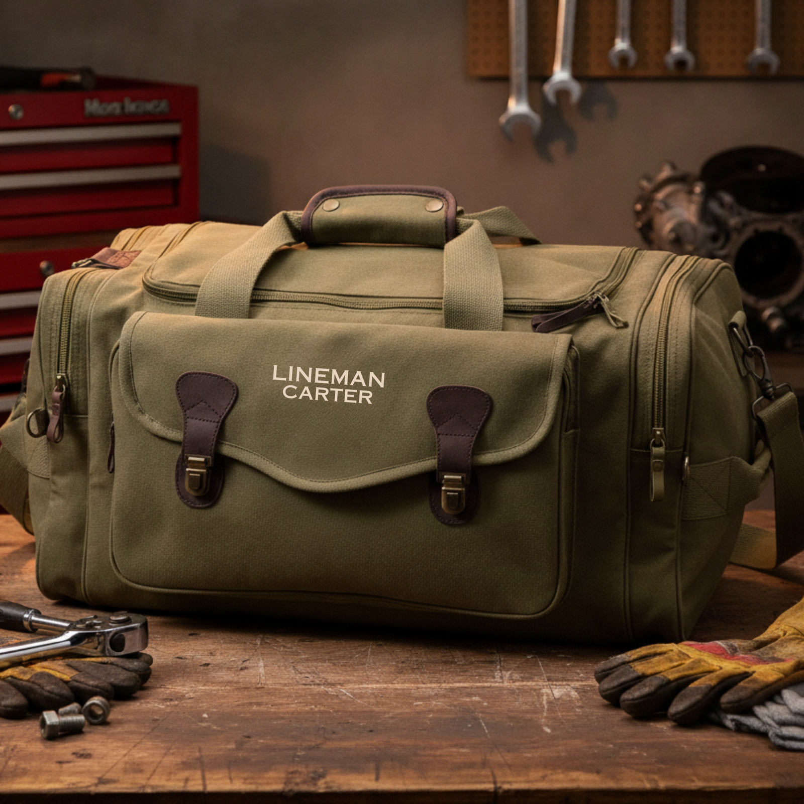 Olive green personalized lineman duffle bag embroidered LINEMAN CARTER, on a workbench beside hand tools and leather work gloves.