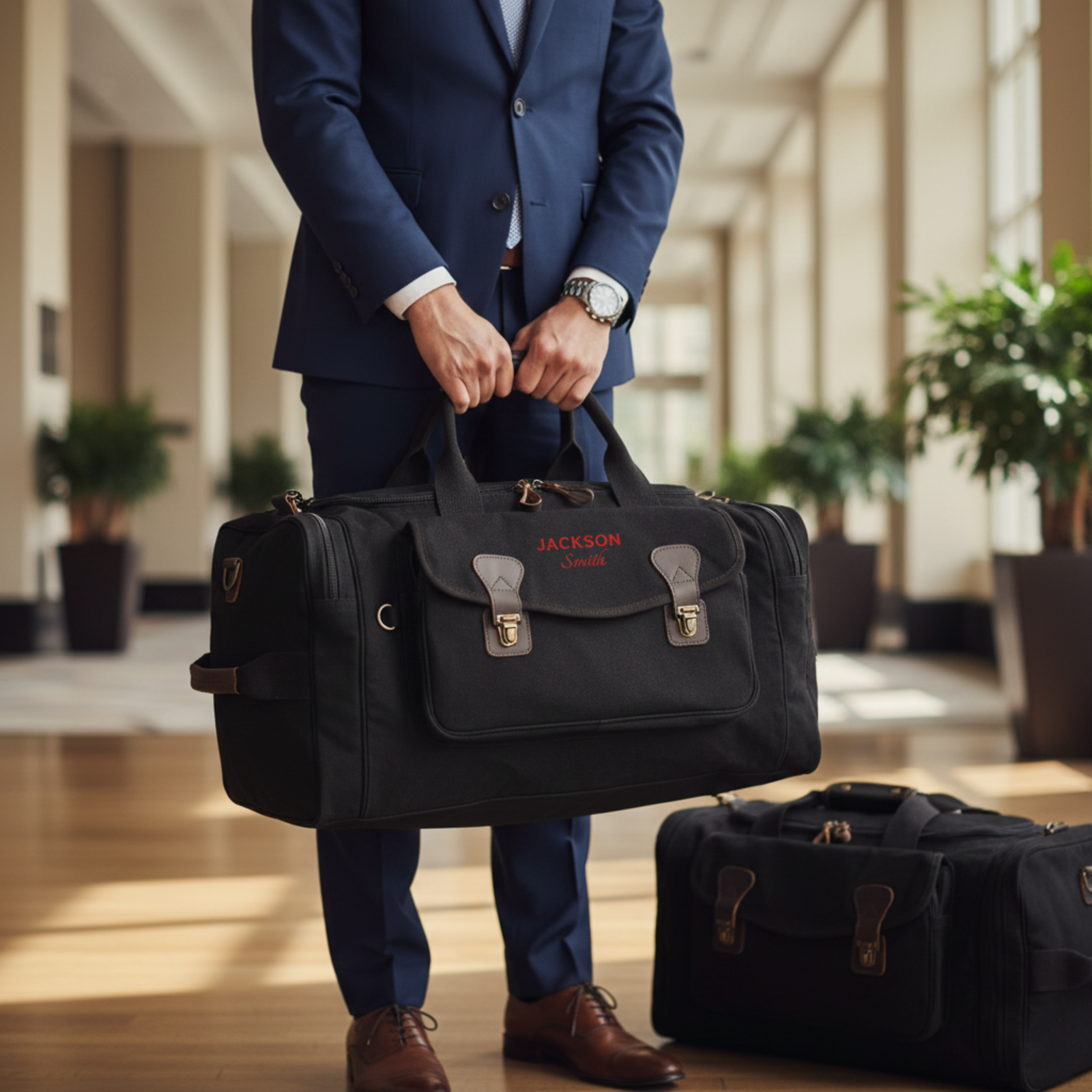 Man in navy suit holding black canvas duffle bag personalized with "JACKSON Smith" in red embroidery, brass hardware visible, lifestyle shot in modern corridor