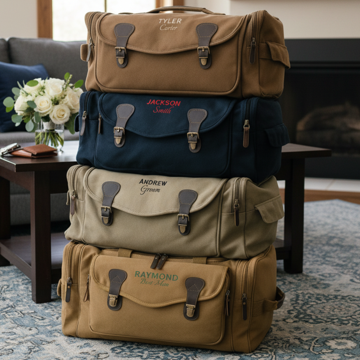 Stack of four personalized canvas duffels in tan, navy, cream, and caramel with leather handles and brass hardware, each engraved with sample names