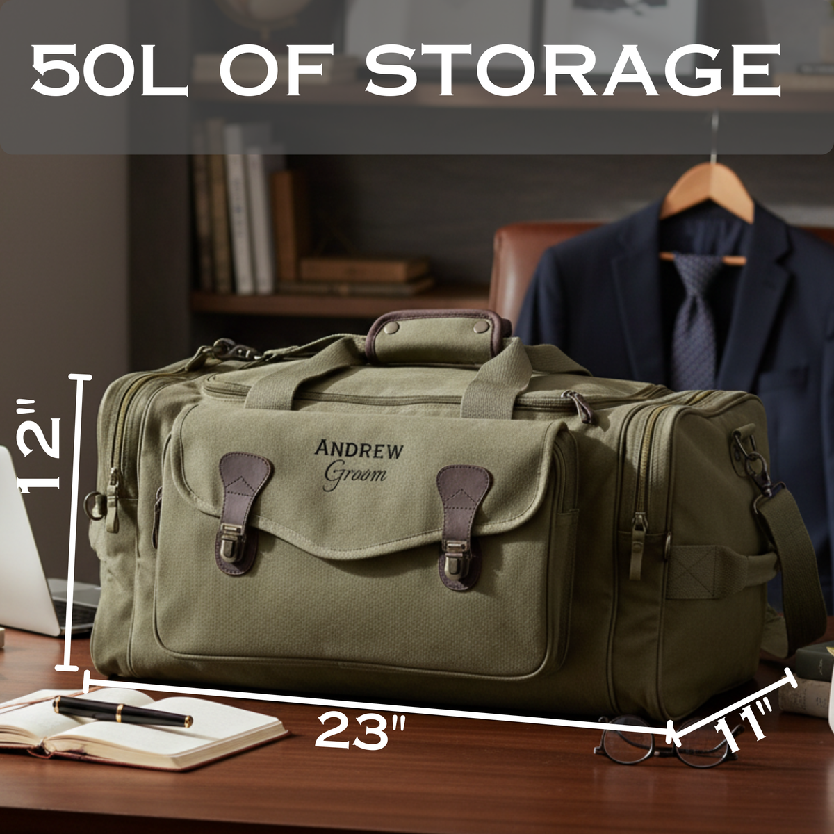 Khaki canvas duffel bag with brown leather handles, personalized with sample engraving "ANDREW Groom", displayed on desk showing 50-liter capacity and 23" × 12" × 11" dimensions