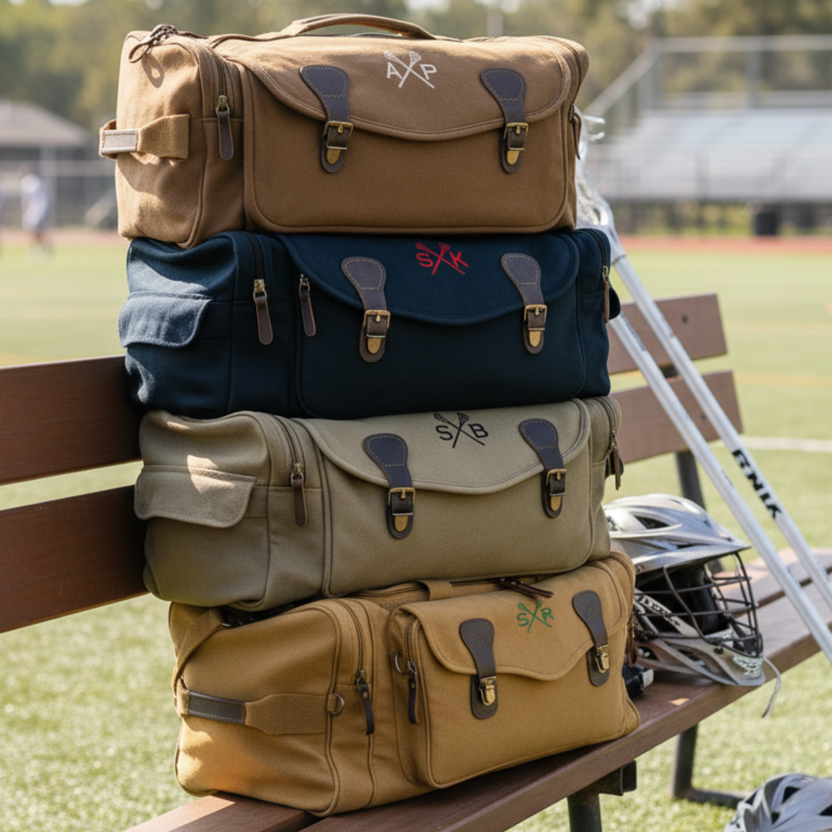 Stacked display of four personalized lacrosse duffles in tan, navy, sage, and caramel with monogrammed crossed-sticks designs on a bench at sports field