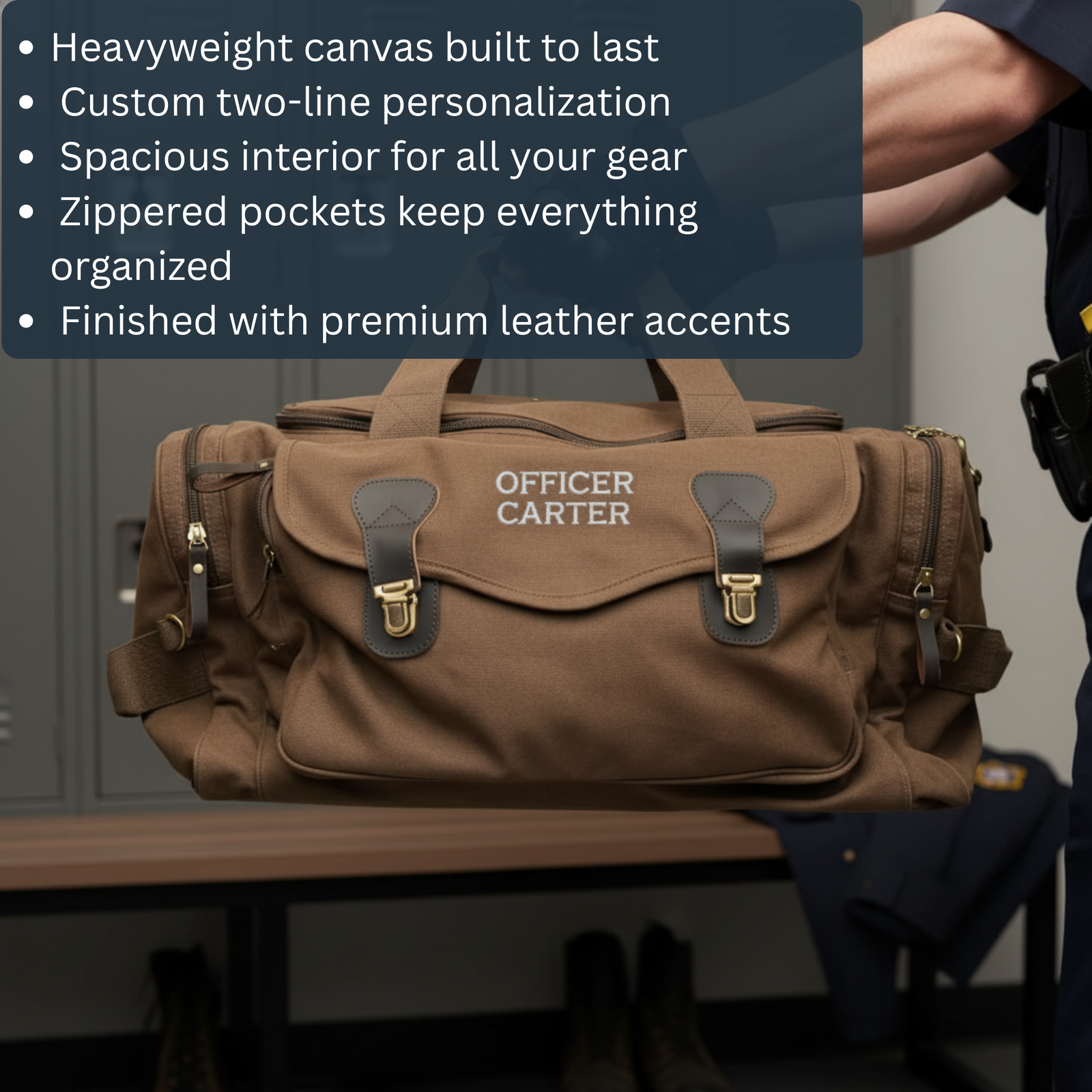 Tan canvas duffle bag with dark leather handles and trim, embroidered with sample personalization "OFFICER CARTER" on front flap