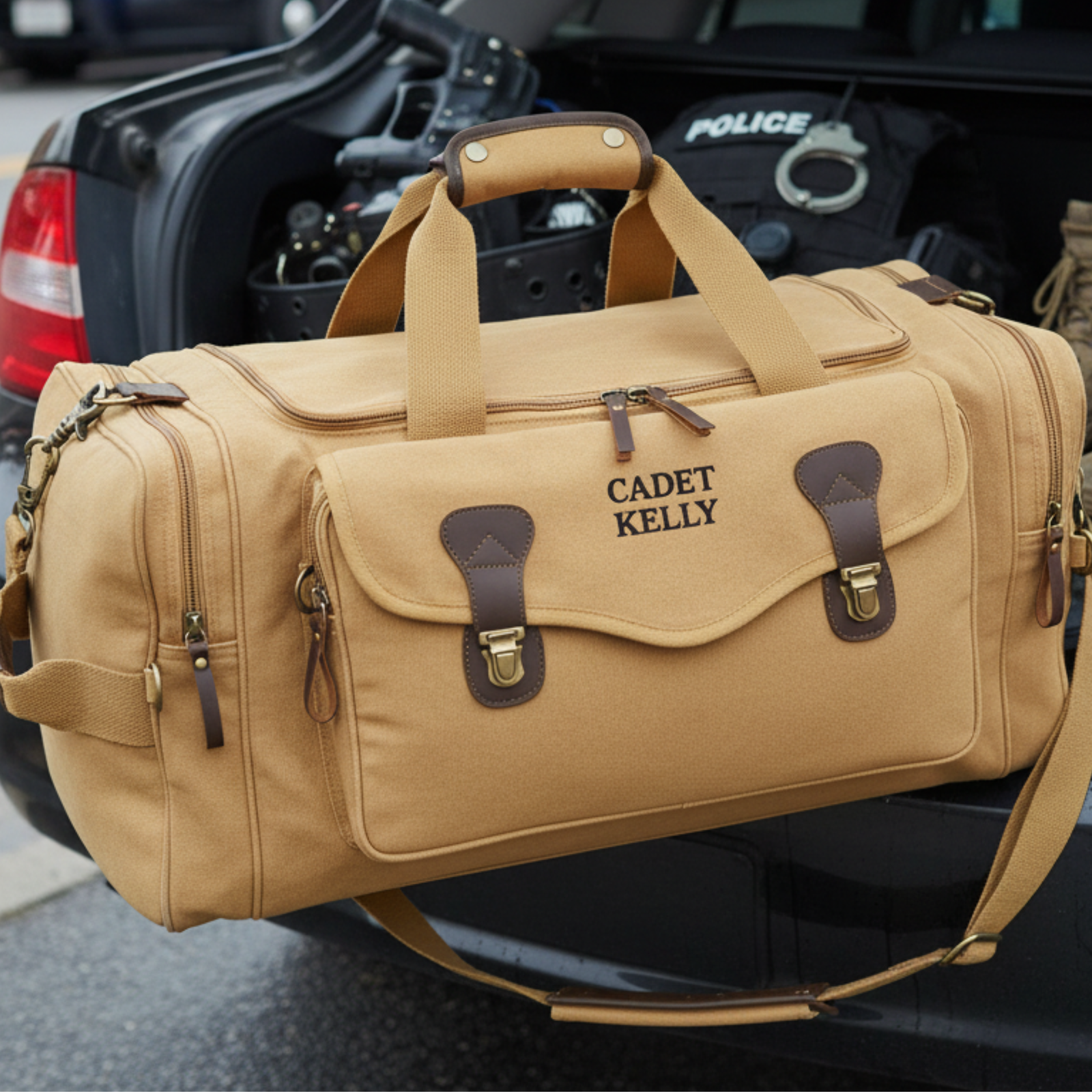 Tan canvas duffle bag with leather trim, embroidered with sample personalization "CADET KELLY" on front flap, displayed against police vehicle backdrop.