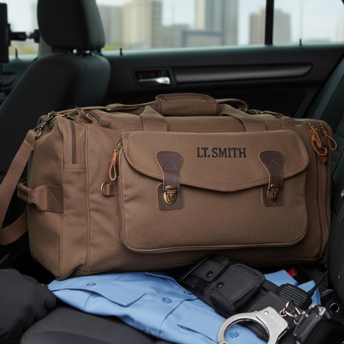 Tan canvas duffle bag with leather accents and sample embroidery reading "LT. SMITH" positioned on vehicle seat with tactical gear below