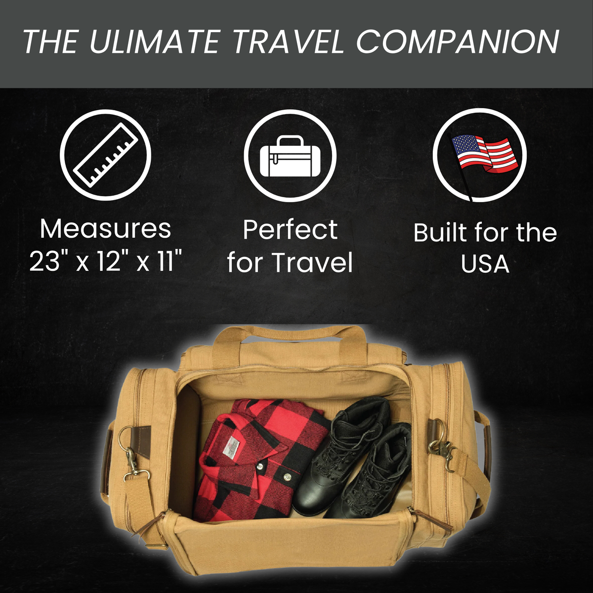 Tan canvas duffle bag open showing interior packed with red plaid shirt and black boots, with three icons above indicating measurements of 23" x 12" x 11", suitability for travel, and USA construction