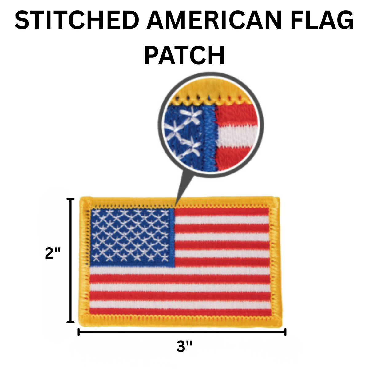 Embroidered American flag patch with gold border, measuring 3 inches wide by 2 inches tall, shown with detail magnification of stitching and design