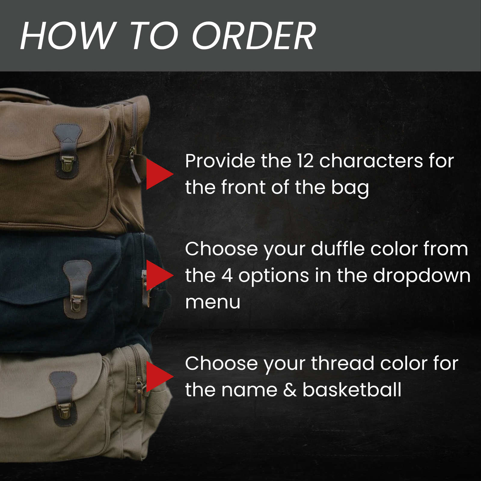 Three canvas duffel bags in tan, navy, and natural colors displaying customization options with text describing personalization steps for name and basketball design