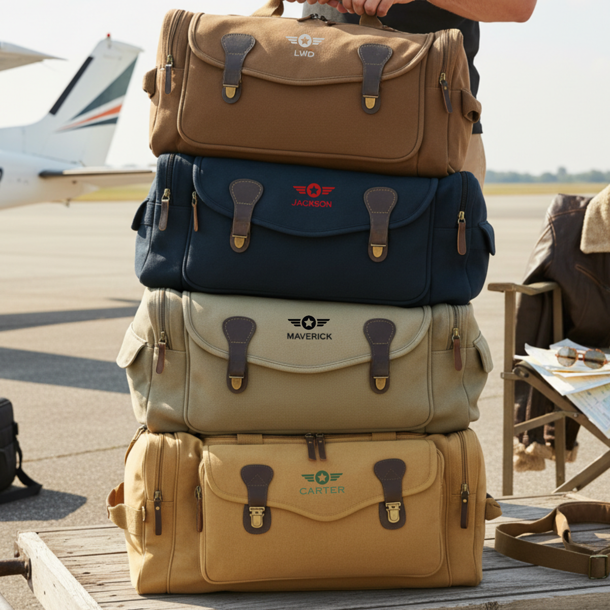Stack of four personalized pilot duffels showing sample names LWD, JACKSON, MAVERICK, and CARTER embroidered on navy, tan, and cream canvas with leather handles