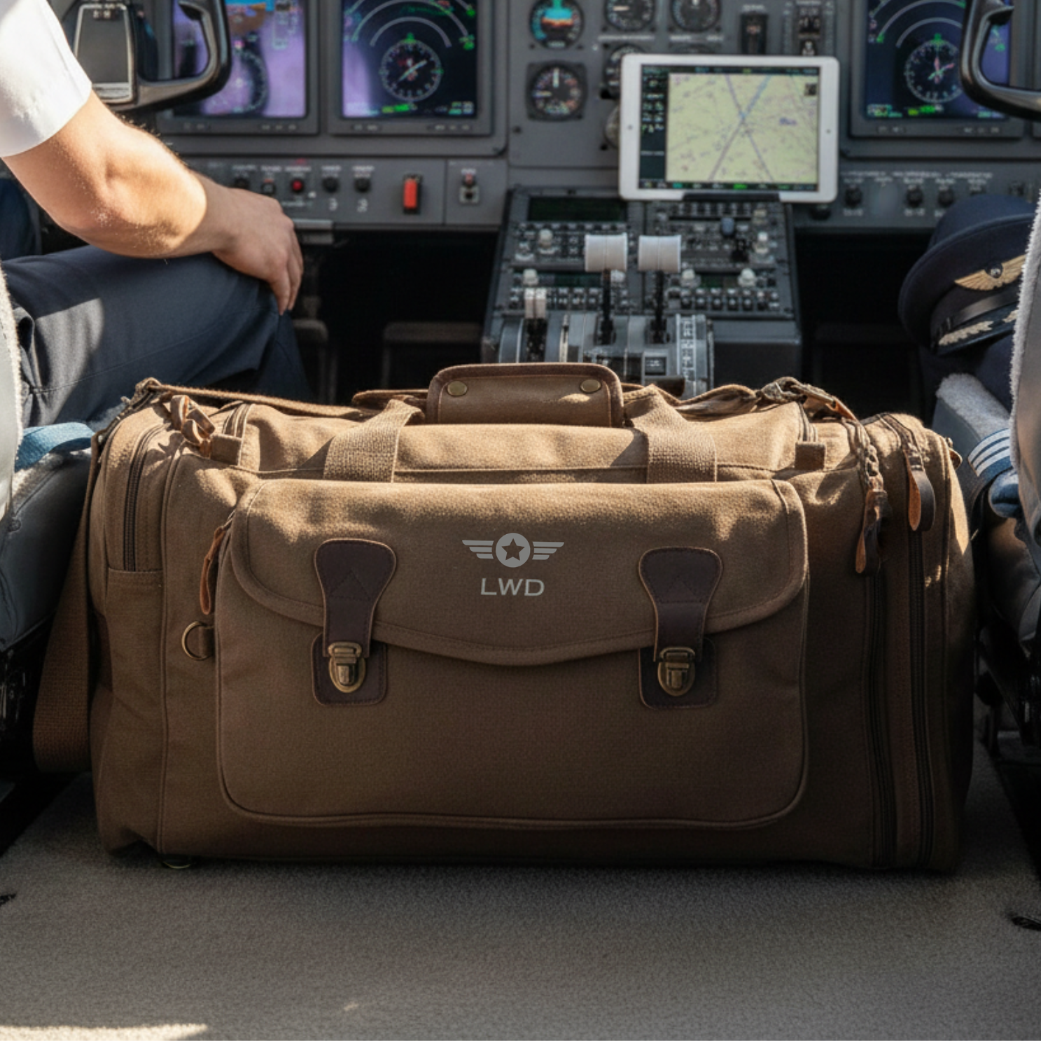 Tan canvas duffel bag with leather accents and embroidered pilot wings and personalized initials "LWD" displayed in aircraft cockpit.