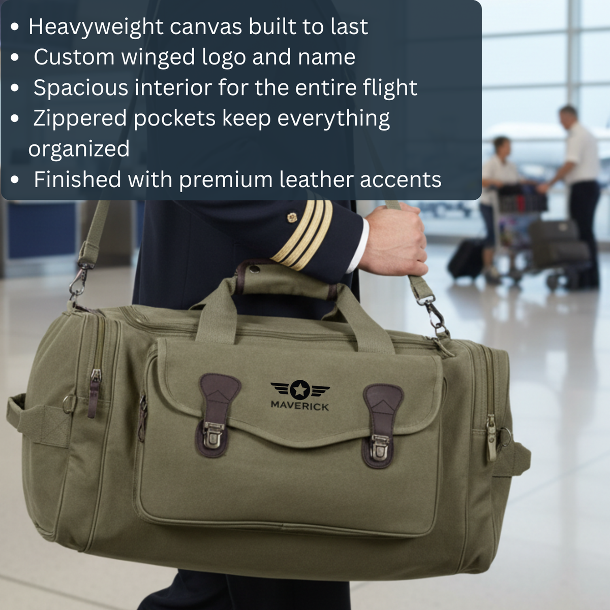 Olive canvas duffel bag with personalized sample embroidery reading "MAVERICK" beneath winged star logo, held by pilot in uniform at airport terminal