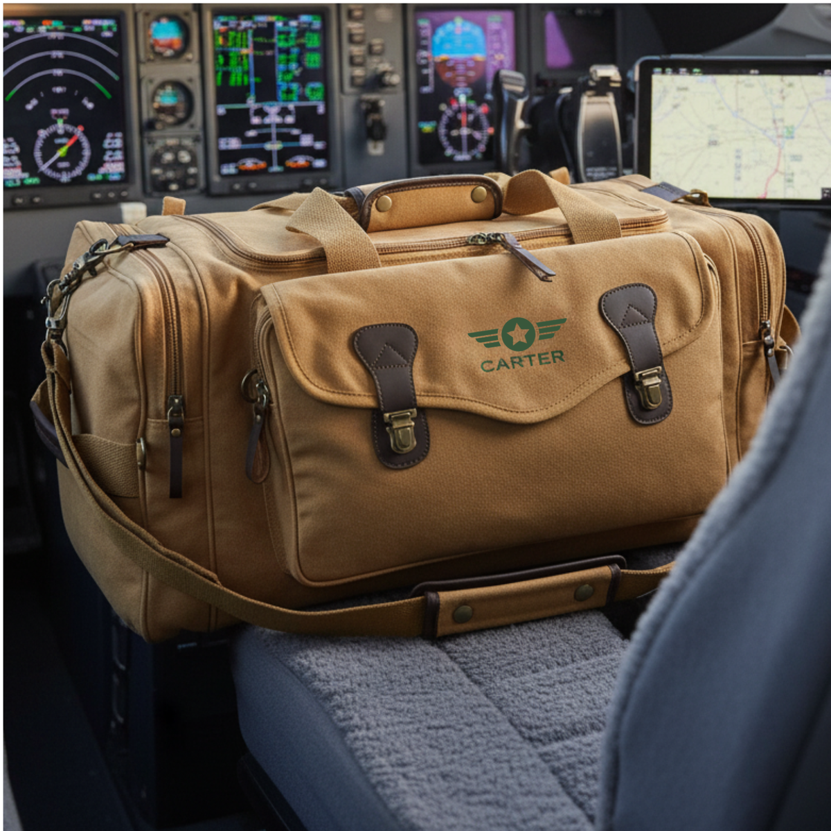 Tan canvas duffle bag with personalized sample name "CARTER" embroidered in teal, shown in cockpit setting with aviation instruments visible in background
