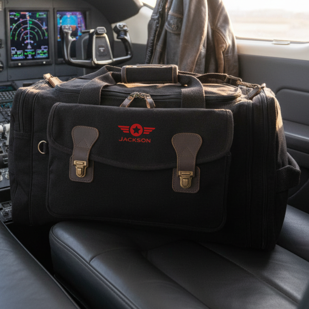 Black canvas duffle bag with brown leather handles and brass hardware, personalized with red embroidered sample name "JACKSON" and winged star pilot insignia, displayed on aircraft seat