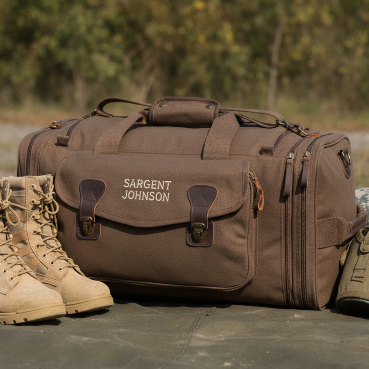 Brown canvas duffel bag with leather accents, personalized with sample engraving "SARGENT JOHNSON" on front flap, styled with tactical boots and gear outdoors