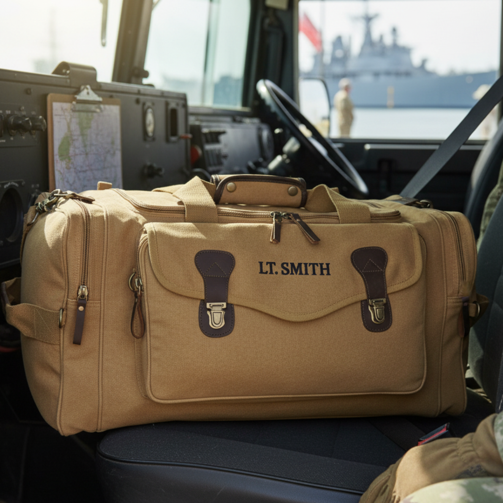 Tan canvas duffel bag with brown leather accents and handles, personalized with sample embroidery reading "LT. SMITH", positioned on vehicle seat with military vessel visible through window