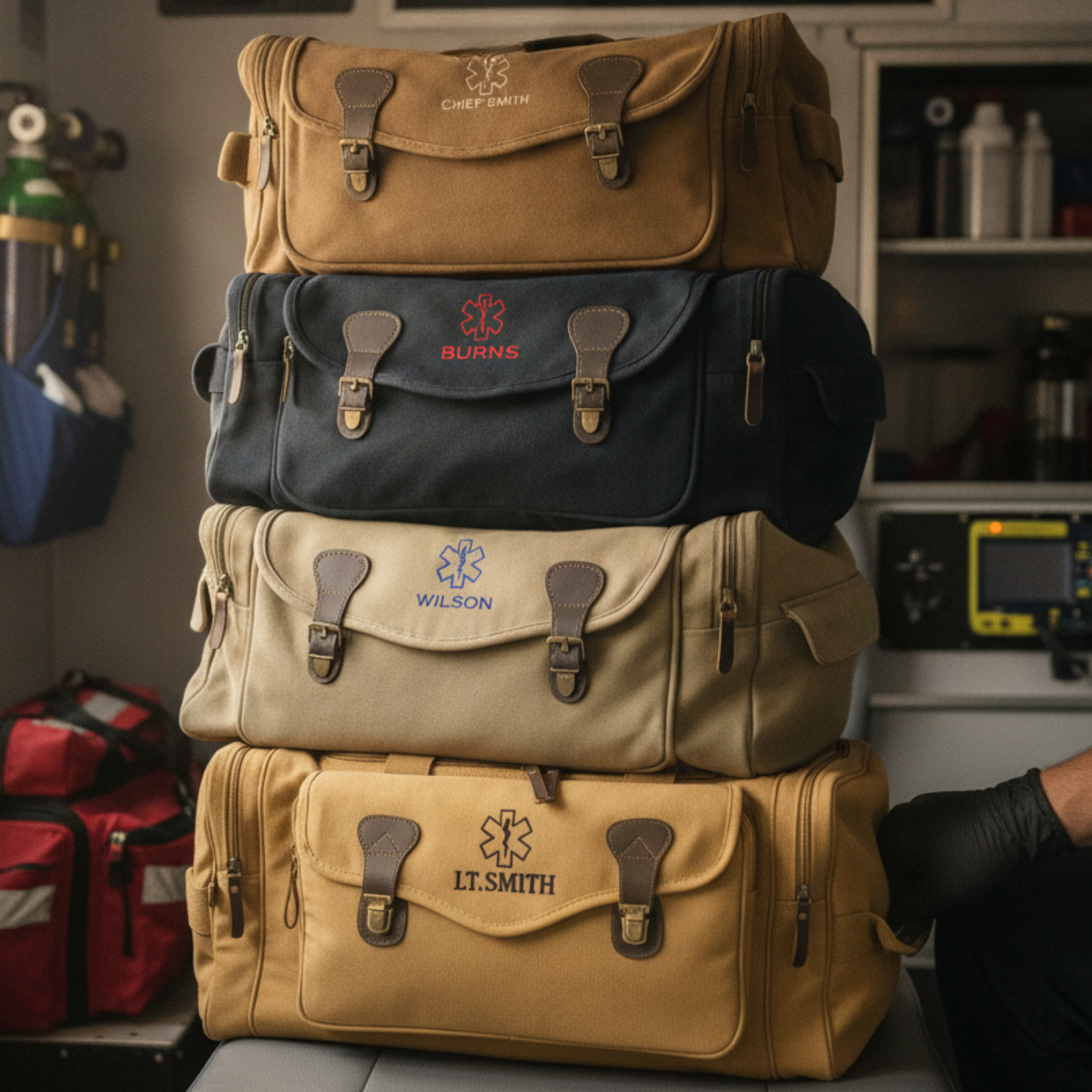 Four stacked personalized EMS duffle bags in tan and black, each embroidered with a sample name and a paramedic Star of Life emblem.