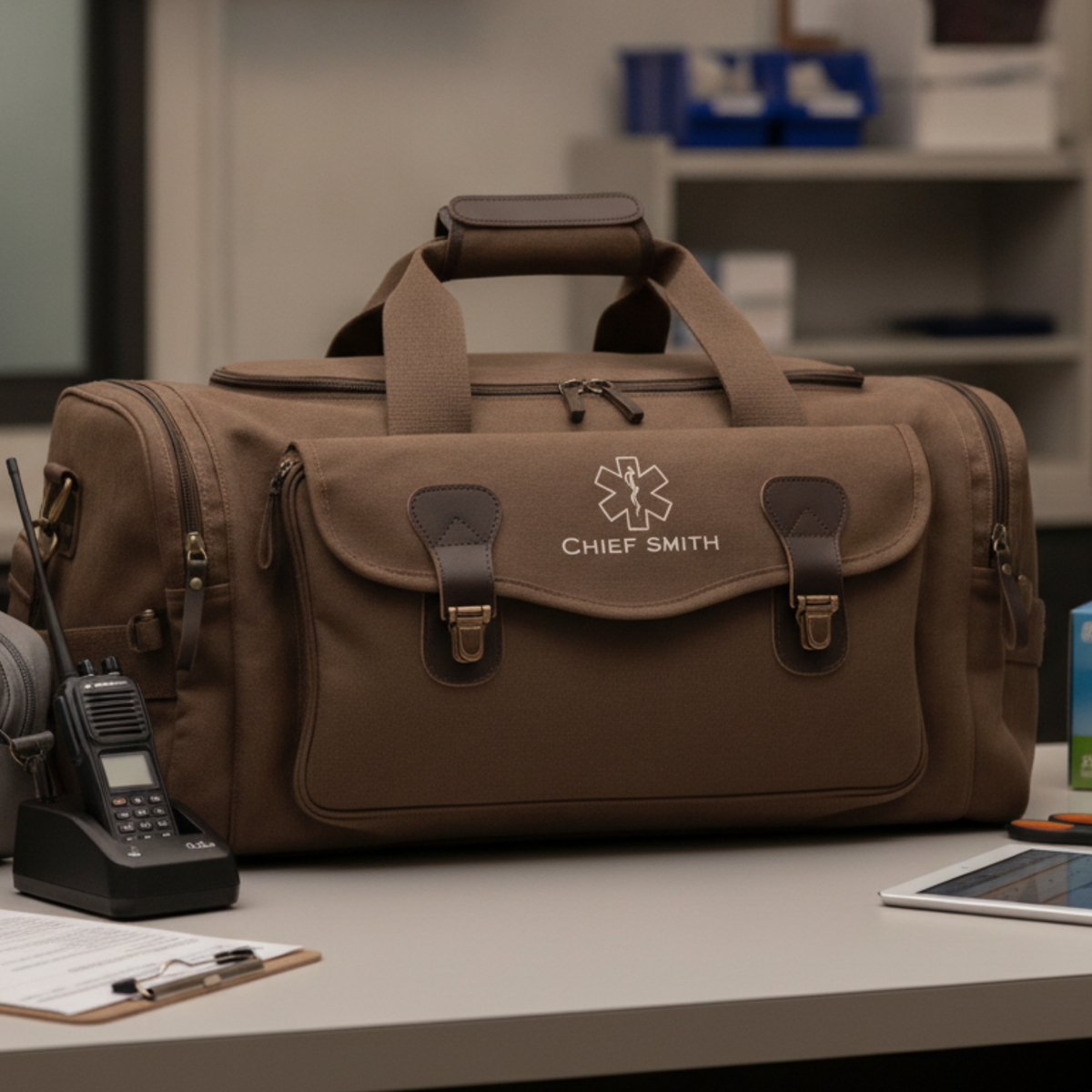 Brown canvas EMT duffle bag personalized with CHIEF SMITH and a Star of Life emblem, shown on a station desk beside a radio and paperwork.