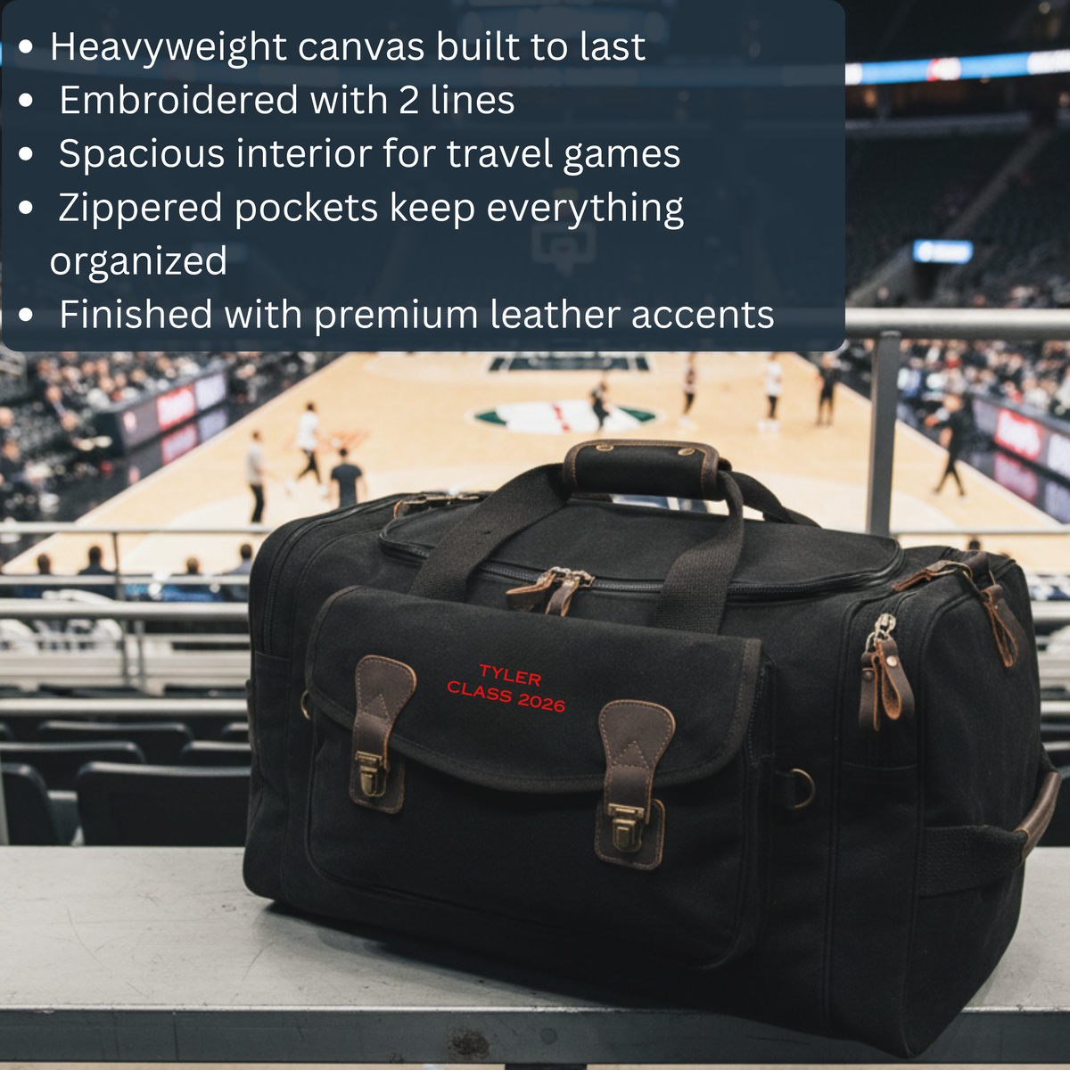 Black personalized graduation duffle bag embroidered TYLER CLASS 2026 in red, photographed at a basketball arena with feature callouts.
