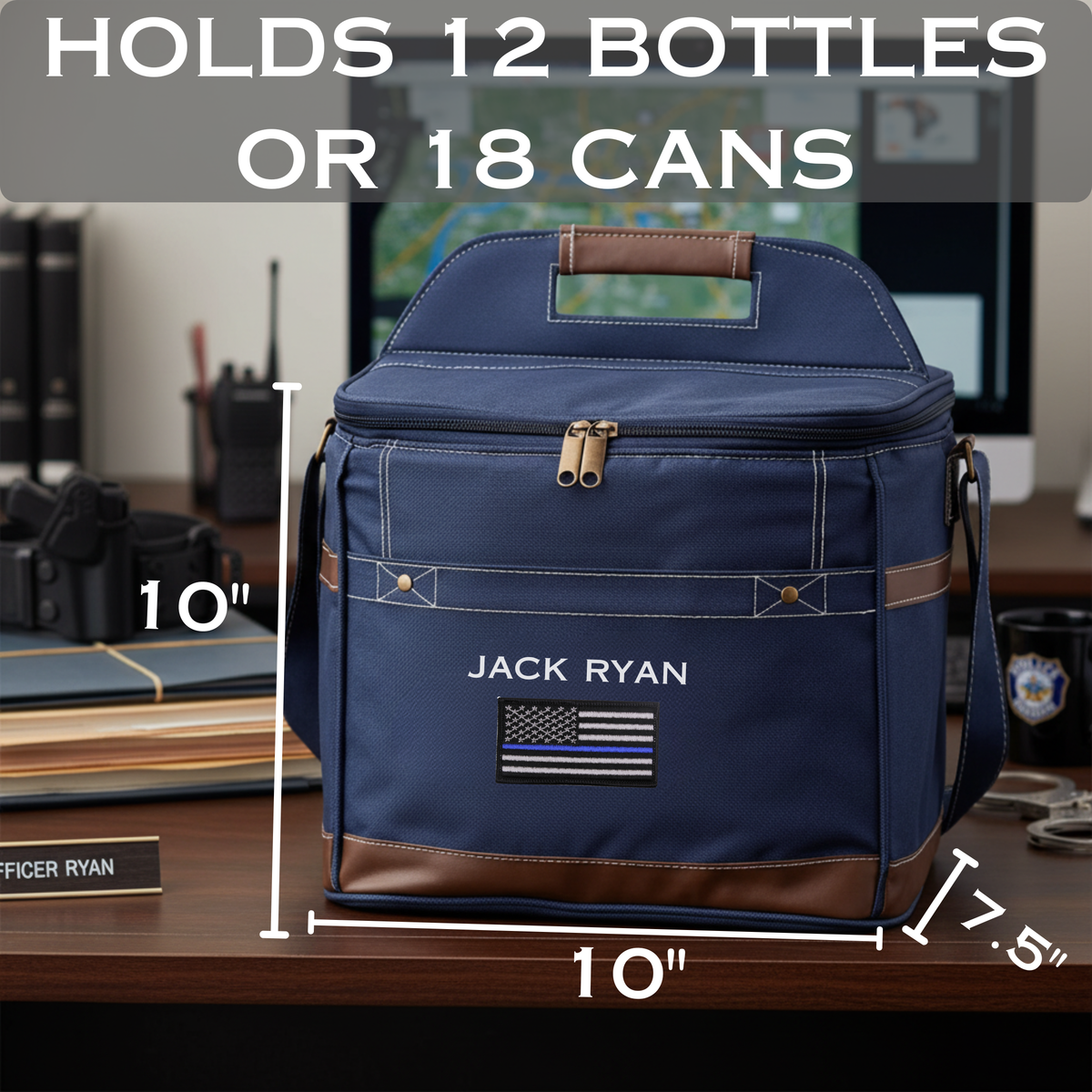 Navy canvas cooler with brown leather trim and sample personalization reading "JACK RYAN" with thin blue line flag patch, dimensions shown as 10" x 10" x 7.5