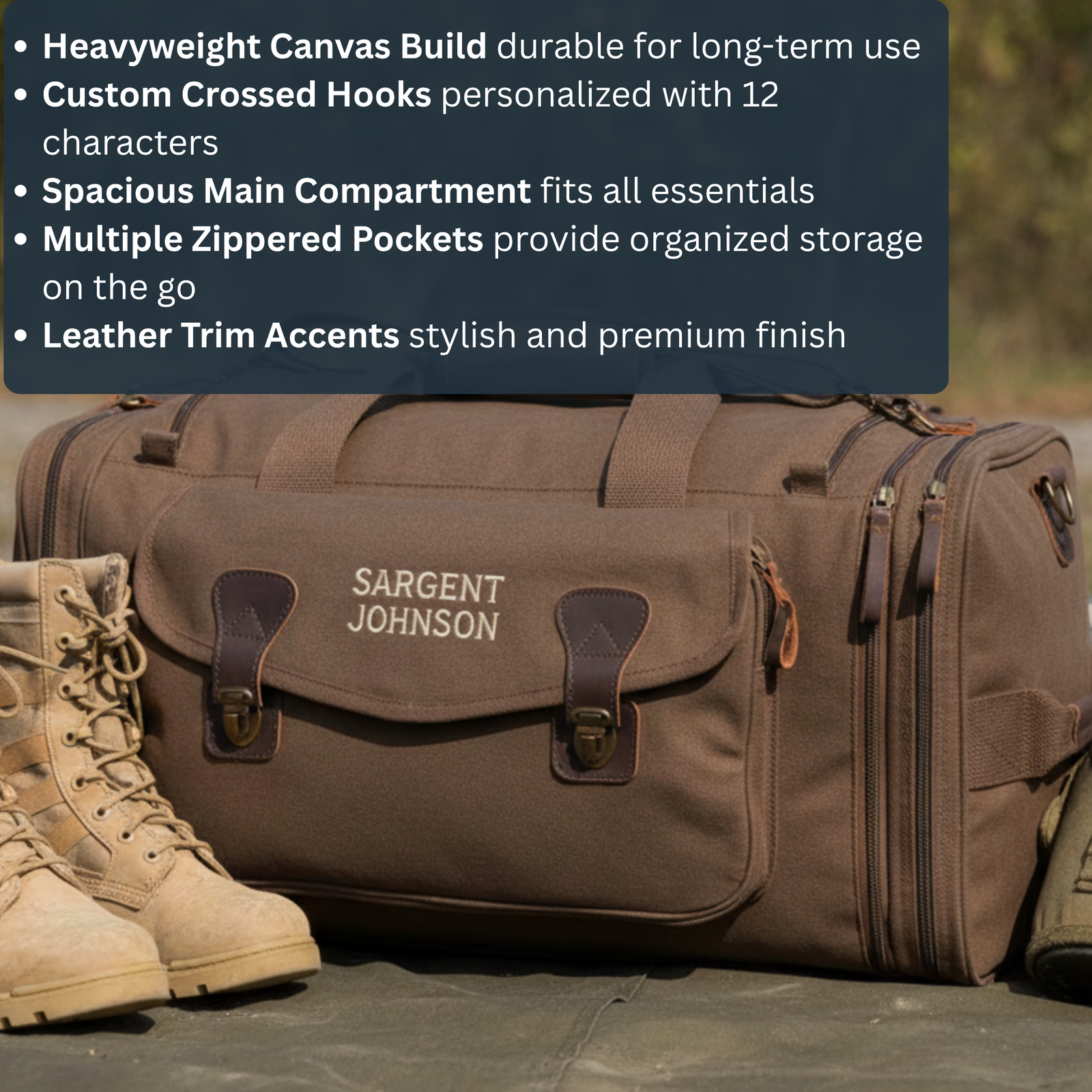 Tan canvas duffle bag with leather straps and sample engraving "Sargent Johnson," displayed with tactical boots and product features listed above
