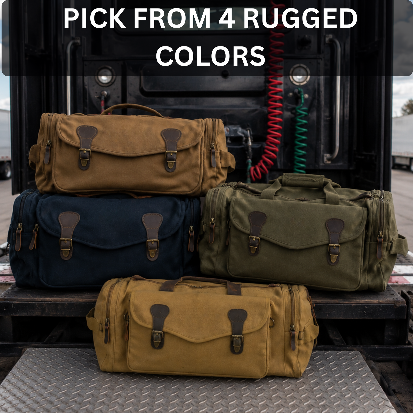 Four duffle bags with leather handles and metal buckles displayed on truck bed in tan, navy, olive green, and tan with rope cords visible in background