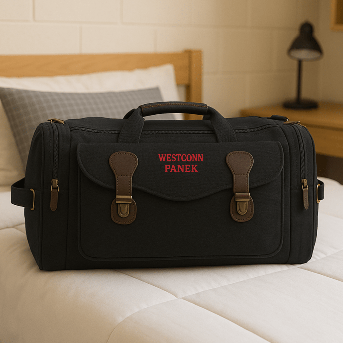 Black canvas graduation duffle bag embroidered WESTCONN PANEK in red, on a bed in a dorm style bedroom.