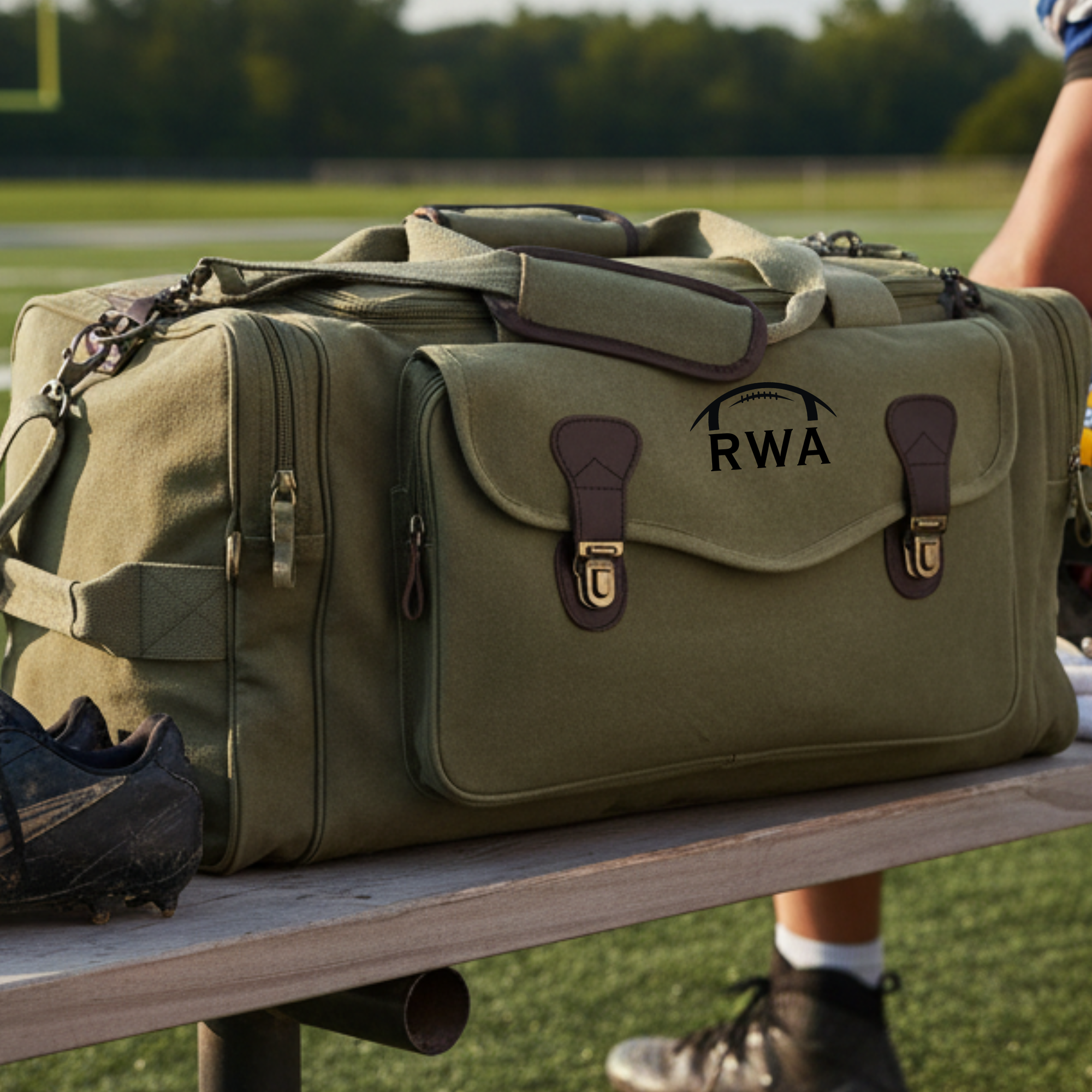 Football Duffle Bag with football design embroidered on the side, name and jersey number stitched in team colors