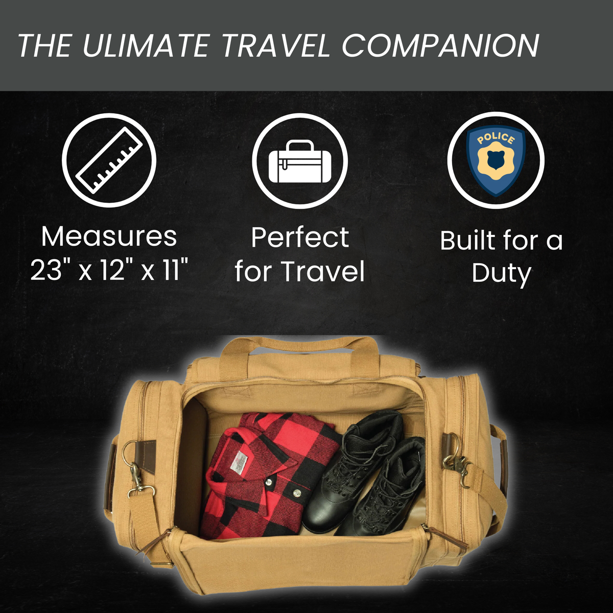 Tan canvas duffle bag displayed open showing interior packed with red plaid shirt and black boots, with specification icons above indicating 23" x 12" x 11" dimensions, travel-ready design, and police duty badge