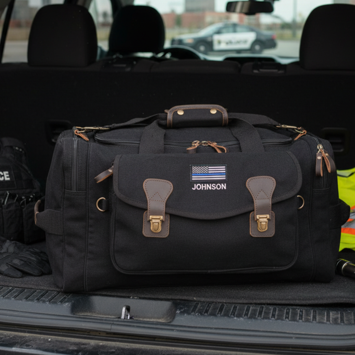 Black canvas duffle bag with brown leather handles and accents, personalized with sample name "JOHNSON" and thin blue line flag emblem, positioned in vehicle trunk.