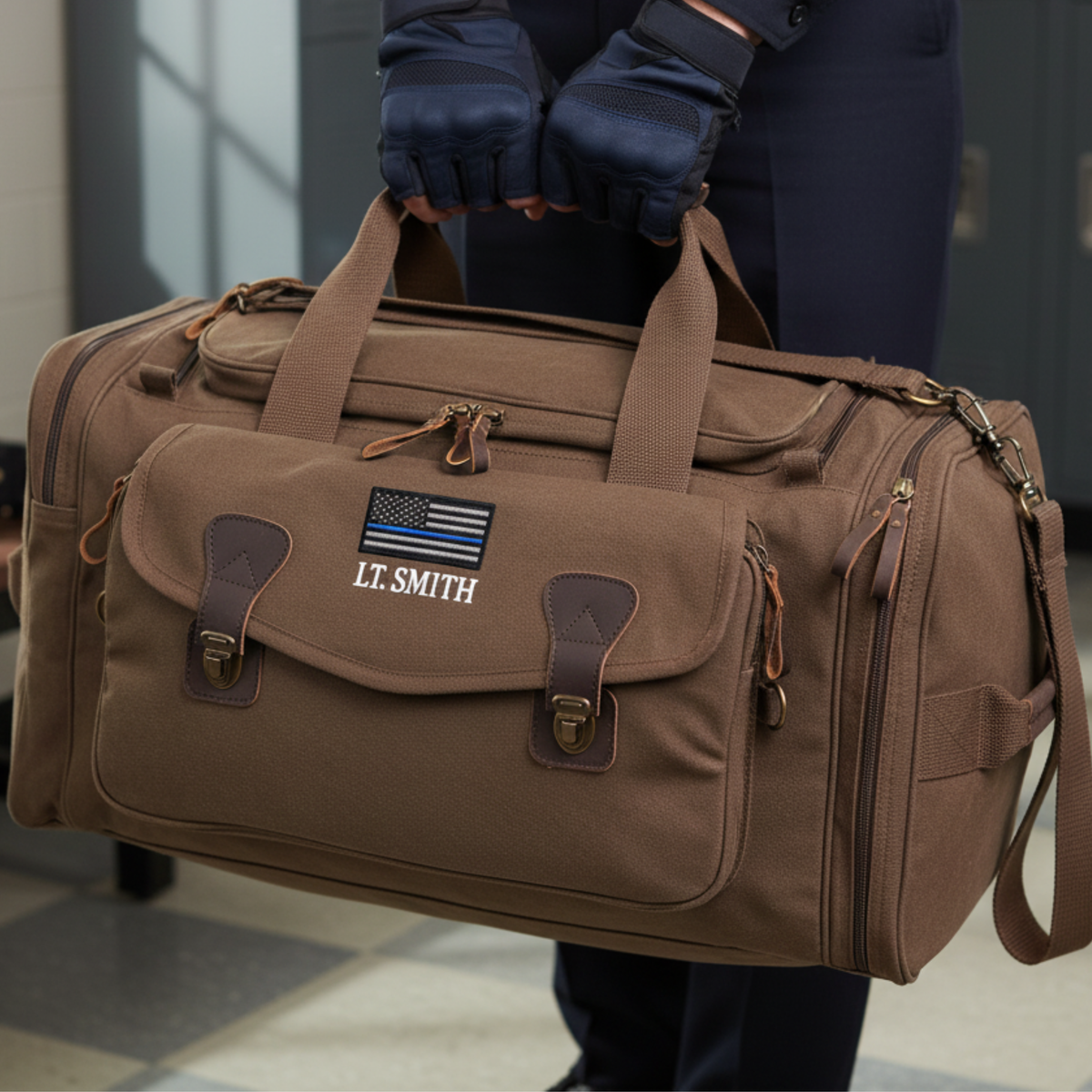 Tan canvas duffle bag with leather accents, personalized with sample name "LT. SMITH" and thin blue line flag patch, being carried by person in dark gloves and jacket