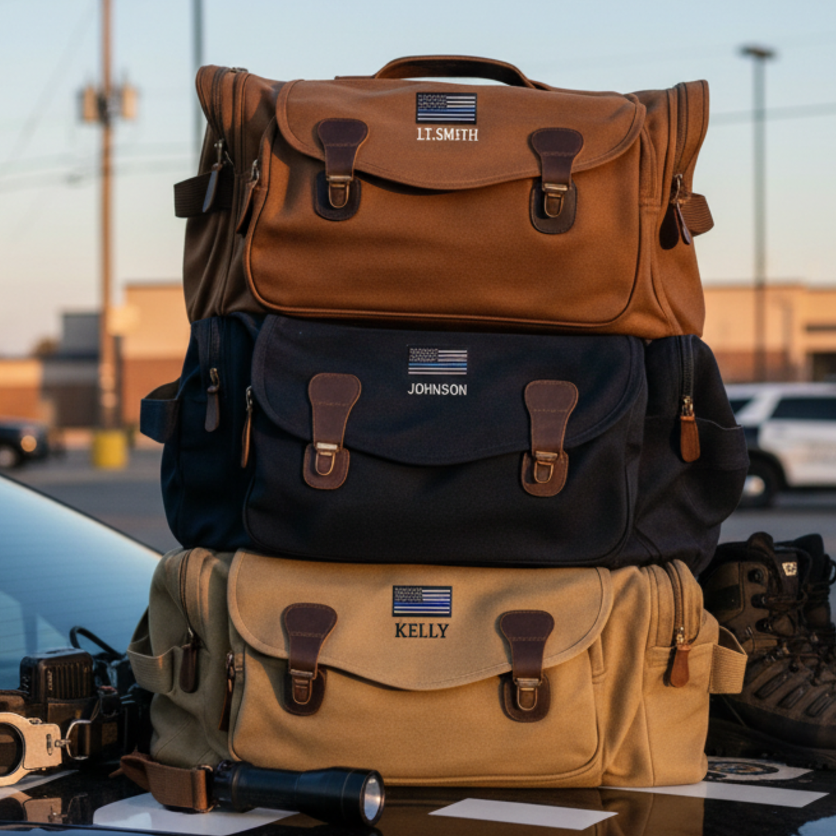 Stack of three personalized canvas duffle bags in tan, navy, and khaki with sample names "LT.SMITH," "JOHNSON," and "KELLY" embroidered with American flag motifs