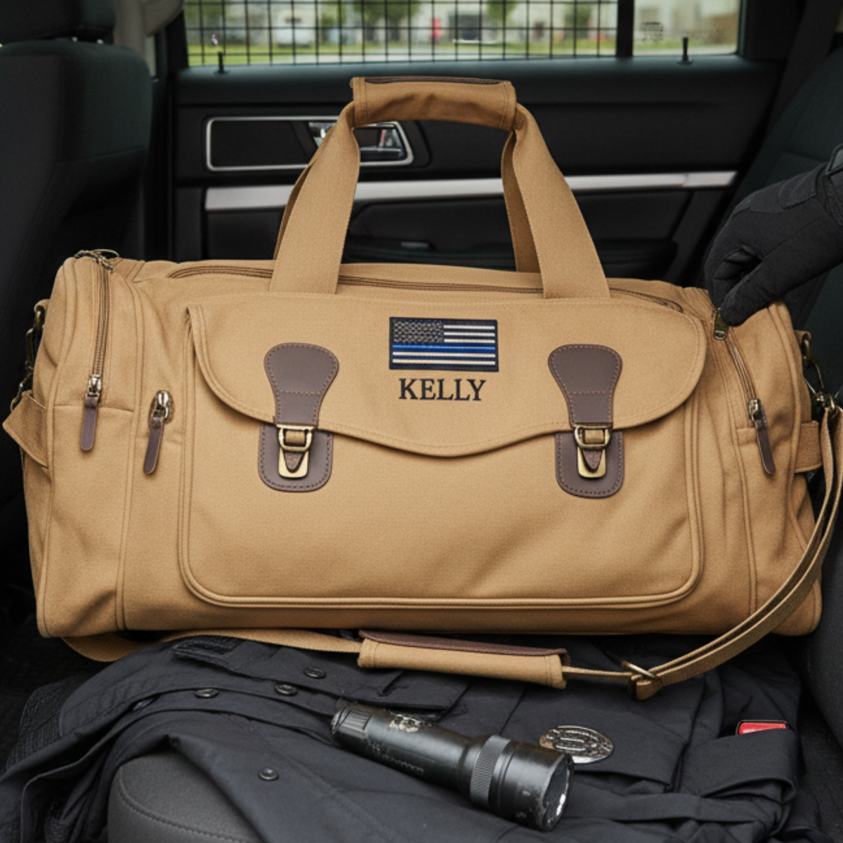 Tan canvas duffle bag with brown leather accents, personalized with sample name "KELLY" and thin blue line flag emblem, displayed in car backseat