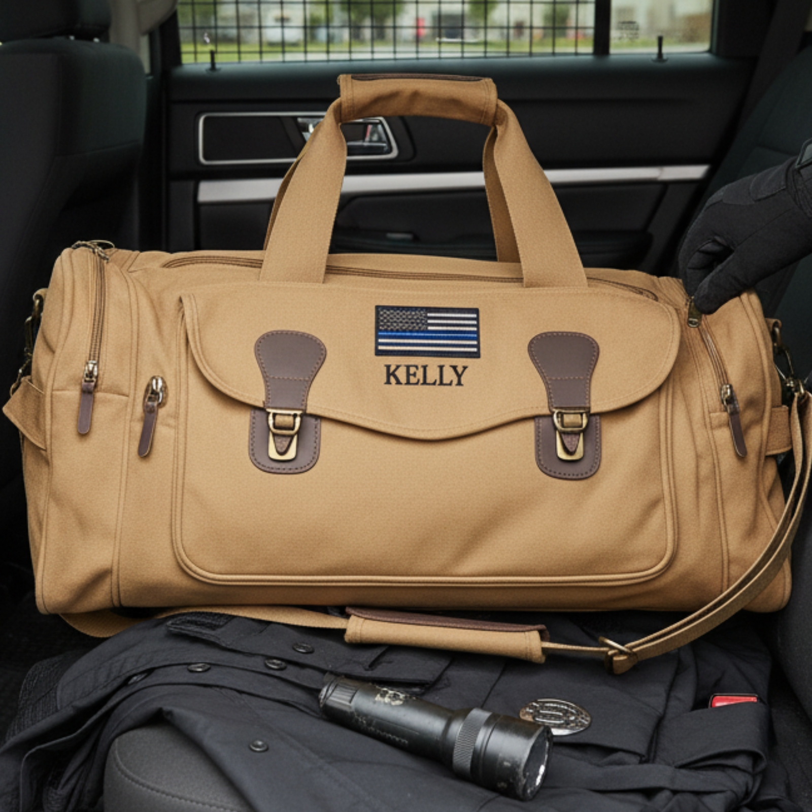 Tan canvas duffle bag with brown leather accents, personalized with sample name "KELLY" and thin blue line flag emblem, displayed in car backseat