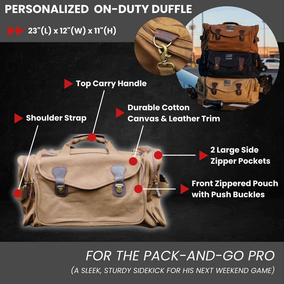 Tan canvas duffle bag with leather trim, showing top carry handle, shoulder strap, front zippered pouch with push buckles, and two large side zipper pockets with brass hardware detail.