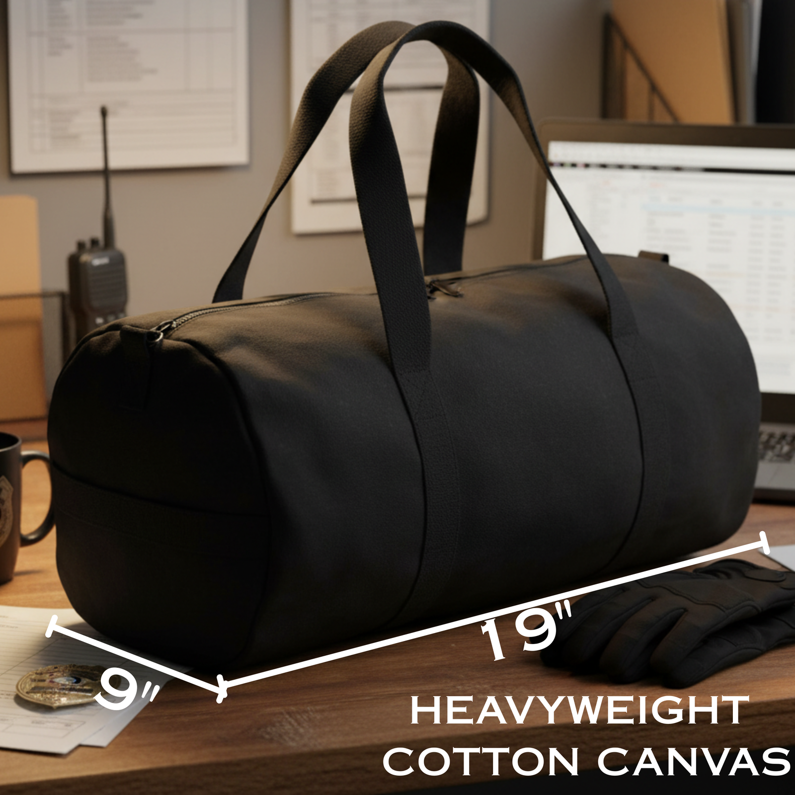 Black heavyweight cotton canvas duffle bag with dual handles, displayed with dimension markers showing 9" height and 19" length