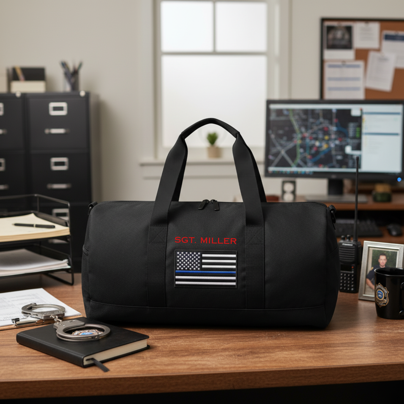Black canvas duffle bag with personalized red embroidered text reading "SGT. MILLER" and Thin Blue Line flag emblem, displayed on office desk