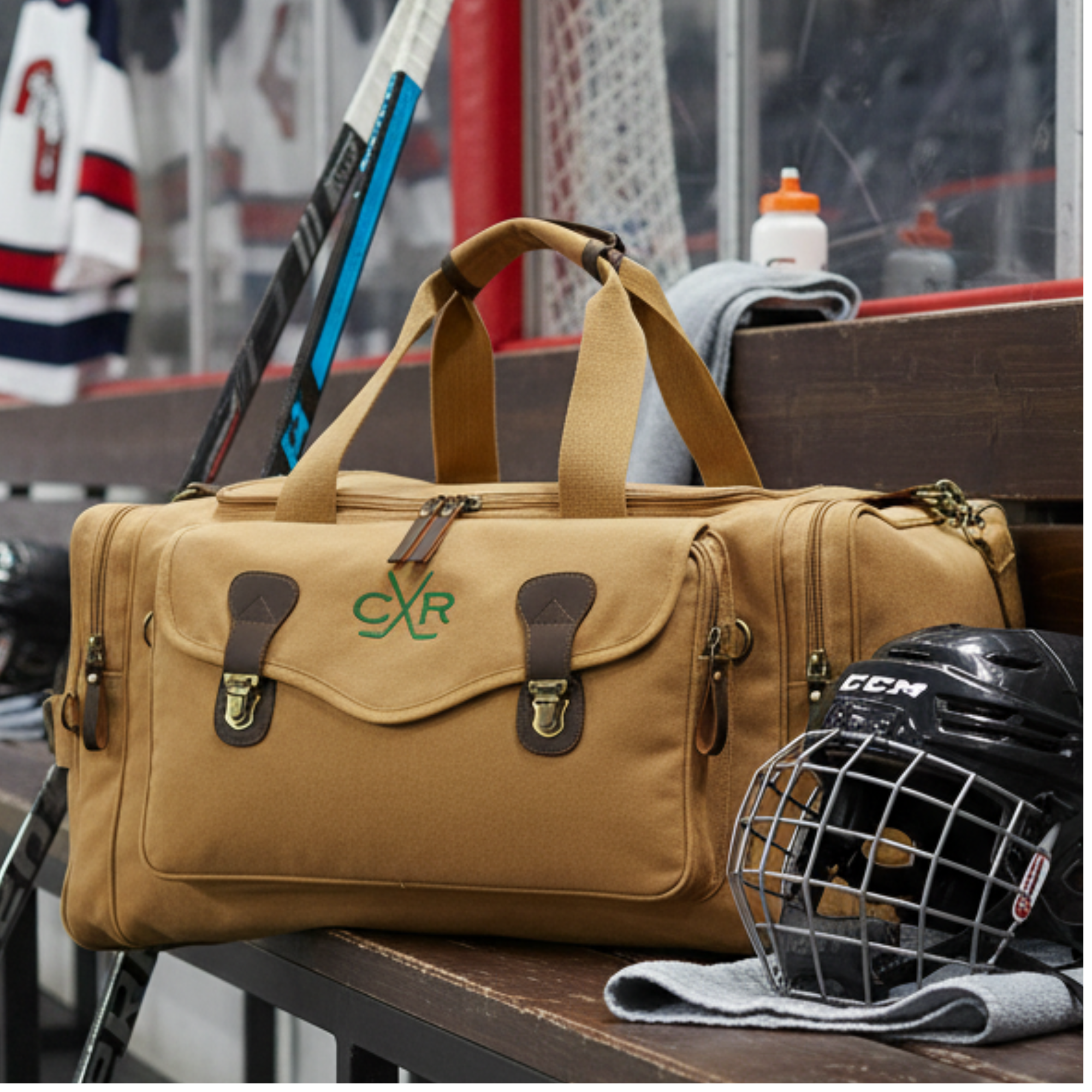 Monogrammed Hockey Duffle Bag Olive Green / Ivory