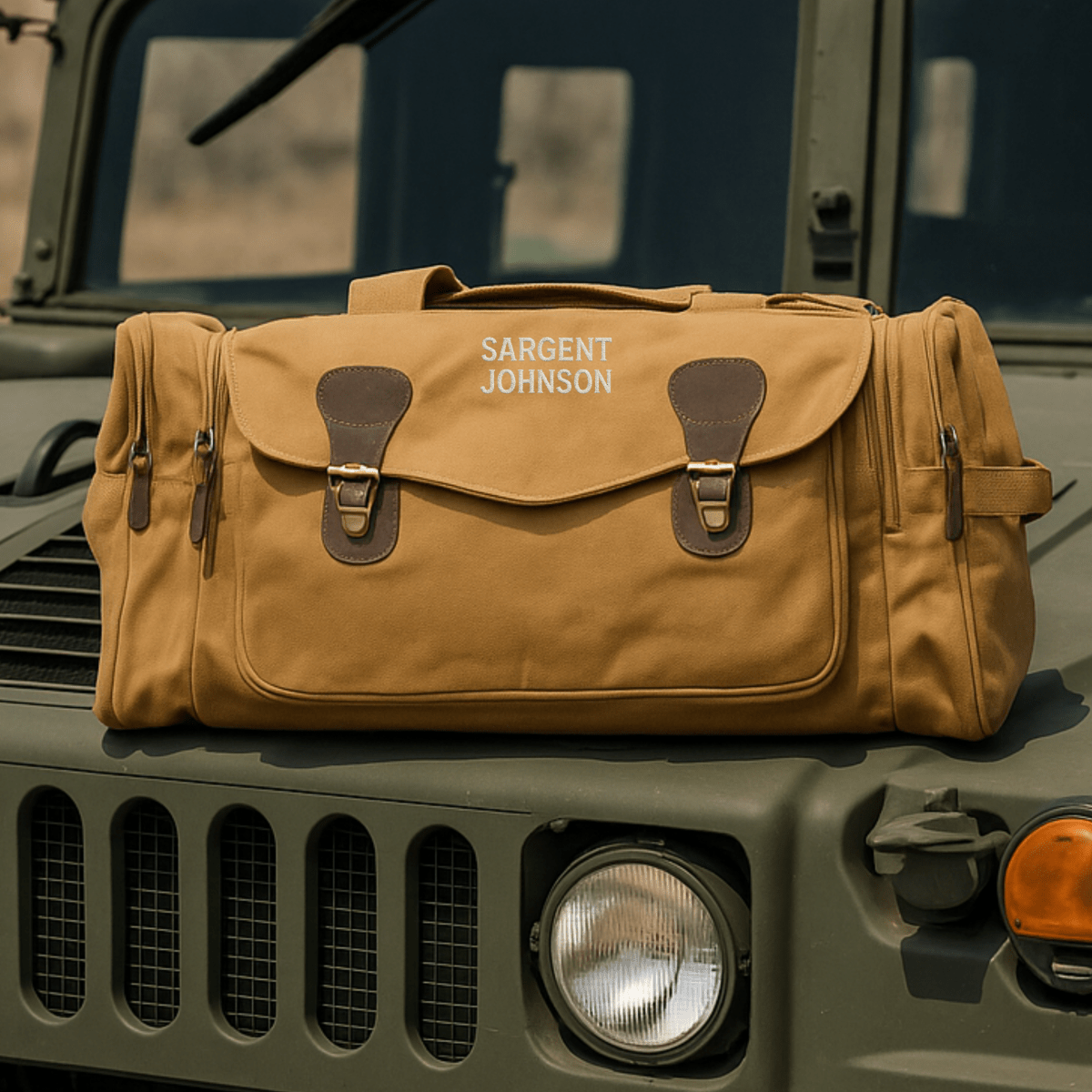 Personalized Mission Ready Military Duffle Bag with custom name embroidered on front, displayed on army vehicle